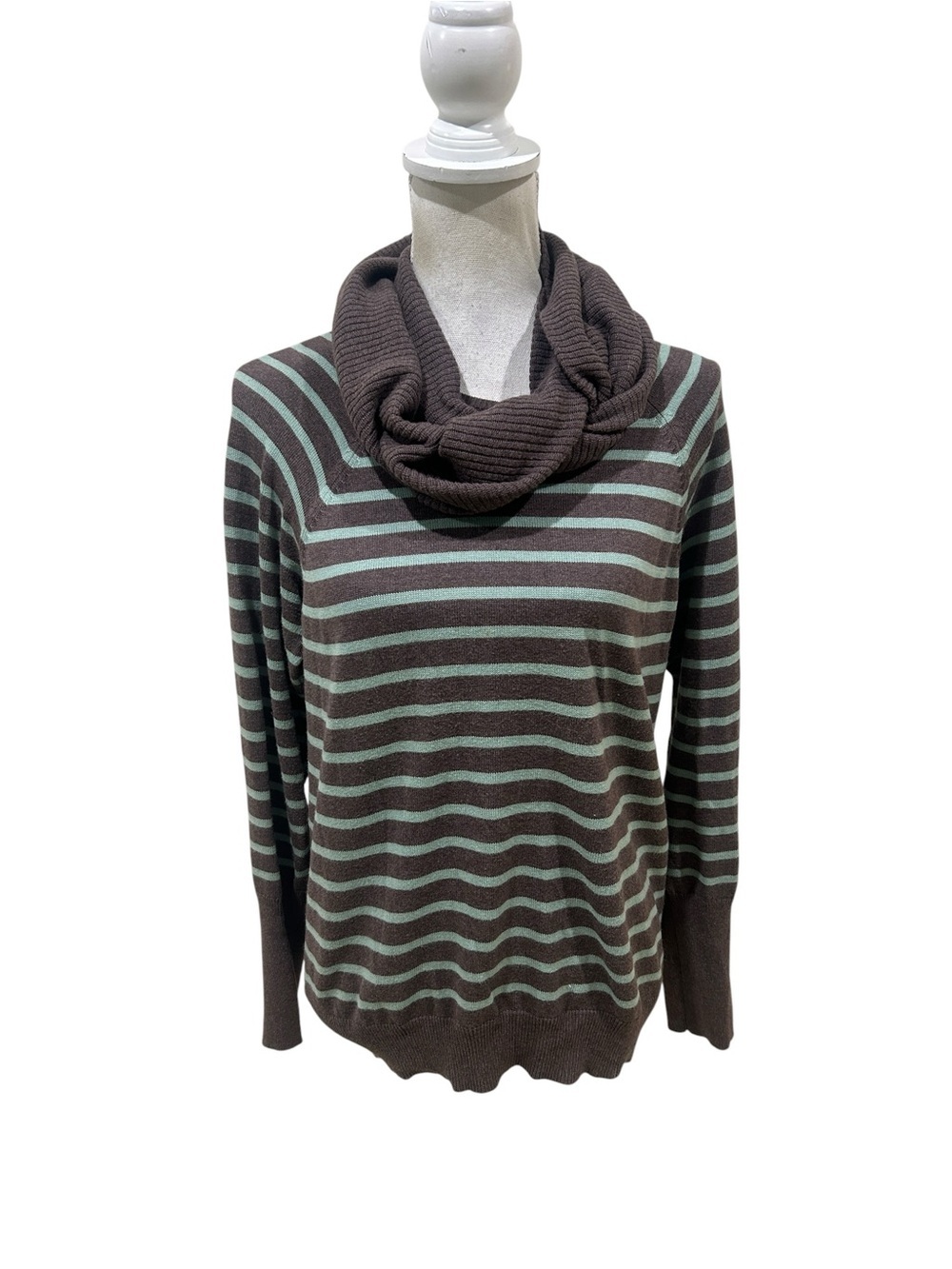 Change of the moon Striped Cowl Neck Sweater taupe Brown & Mint green large